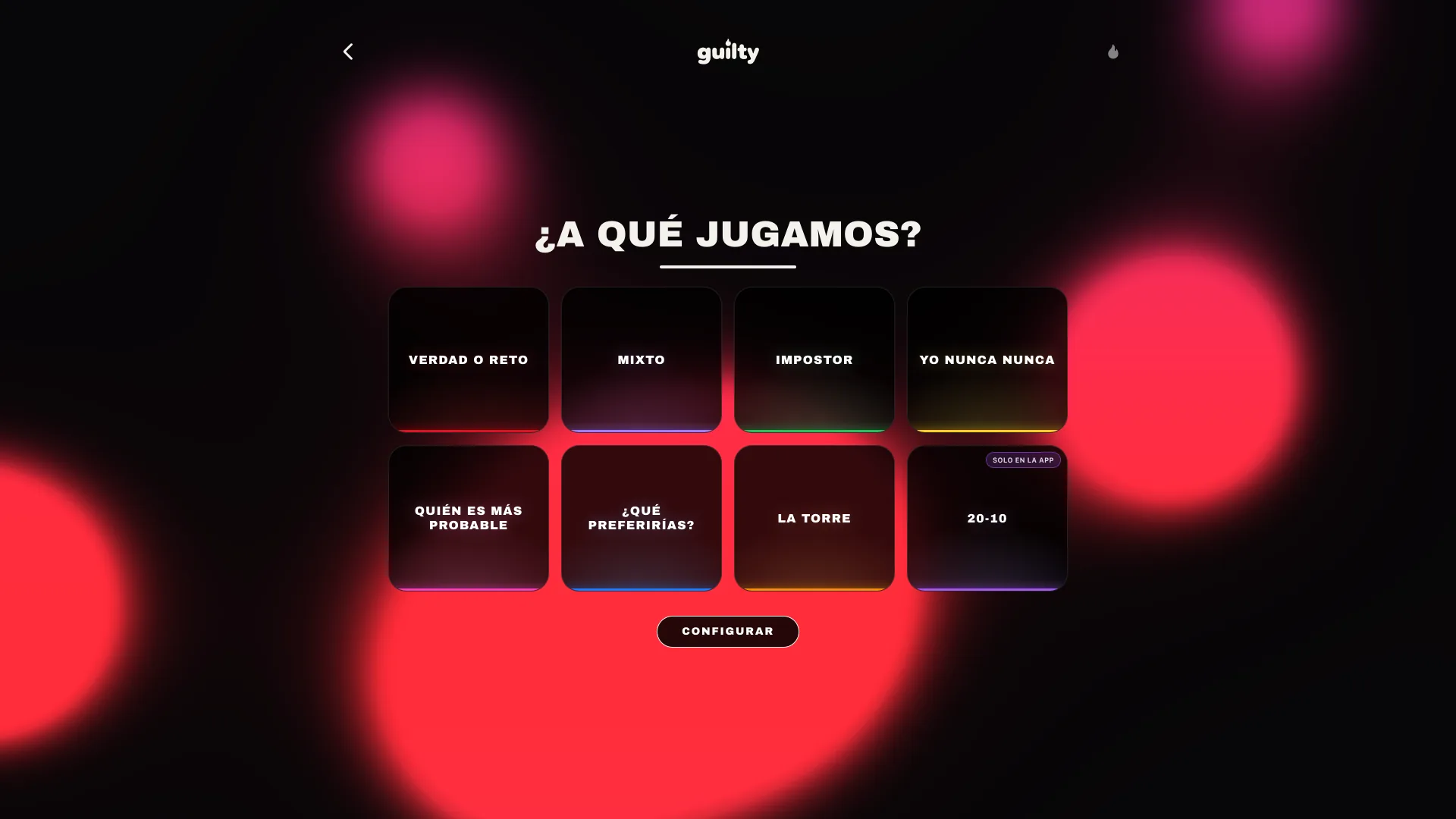 Menú con los 8 juegos de fiesta en una sola app
