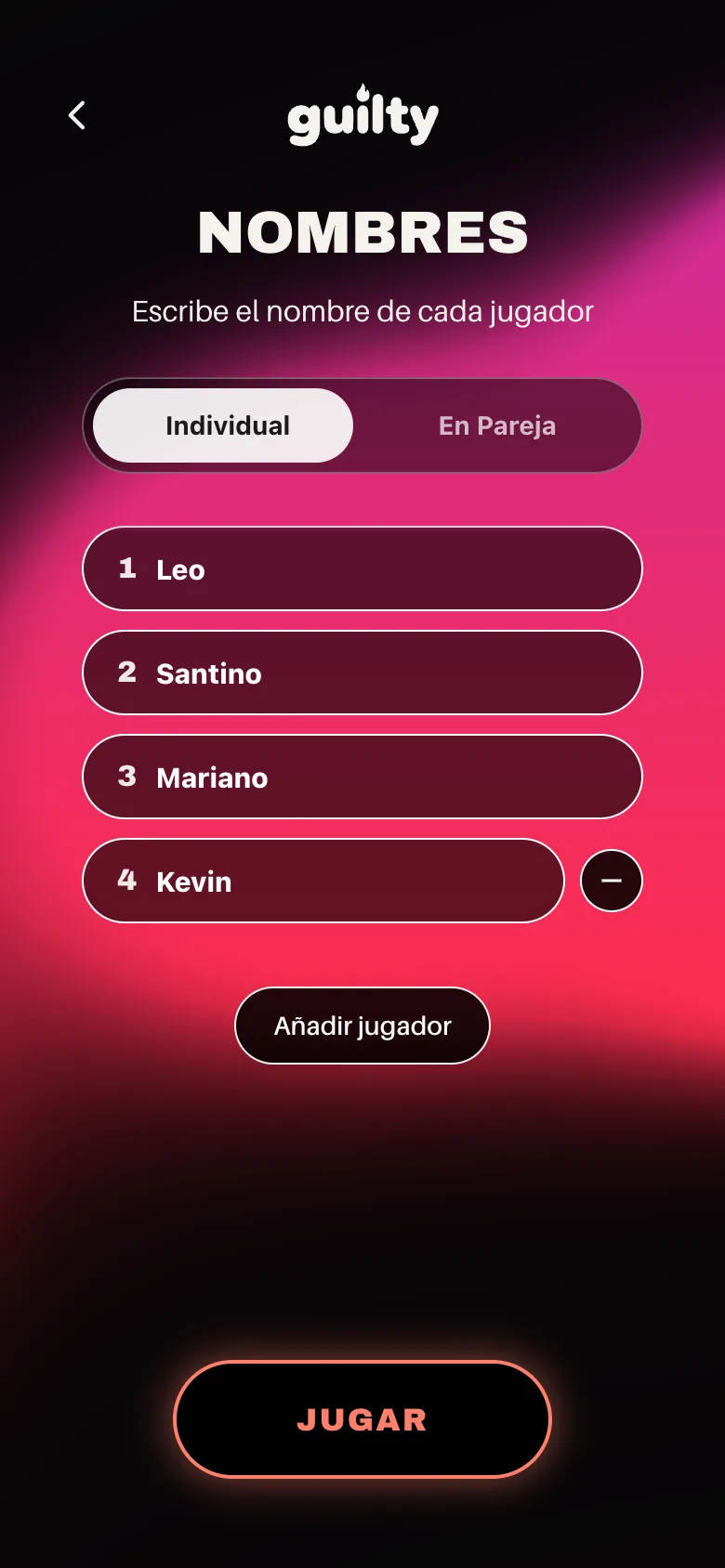 Sala local: nombres de los jugadores
