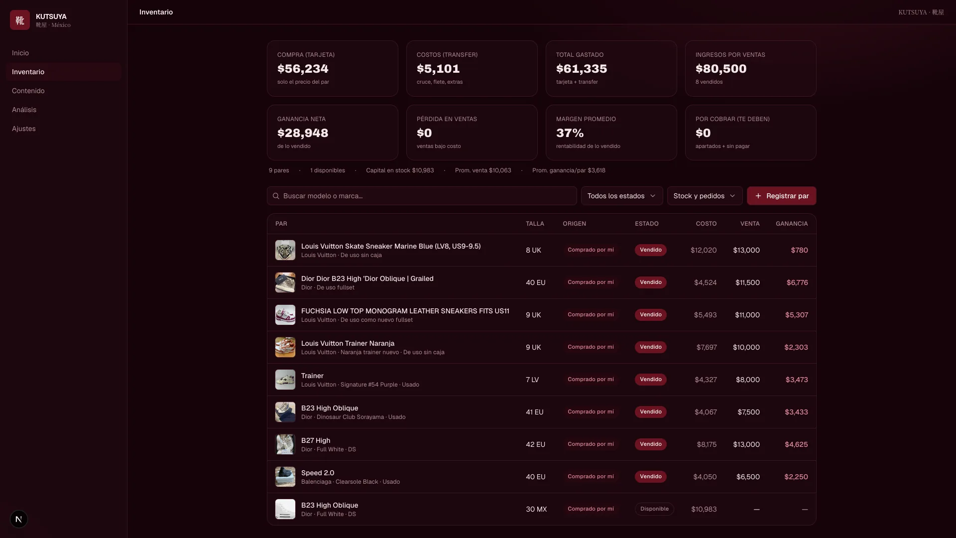 Inventario con contabilidad por par: costo, venta y ganancia